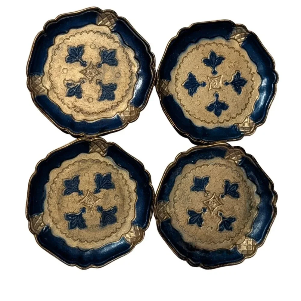 Italian Florentine Blue Gold Resin Coasters Trinket Dishes Set Of 4 4-Inch Round - Picture 12 of 16